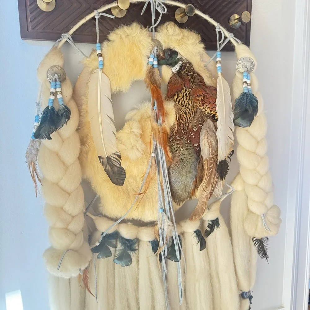 Vintage Native Large Dream Catcher‎ Wall Hanging Fur Feathers 41